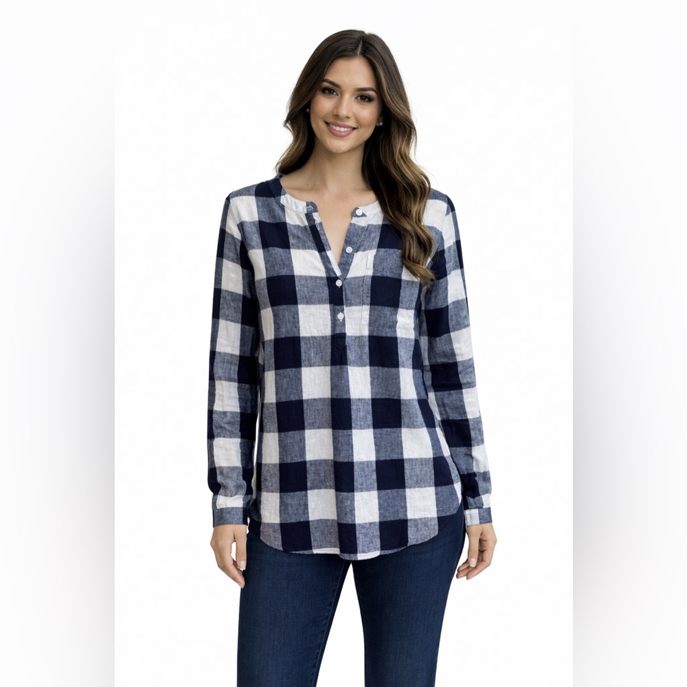 Old Navy Blue and White Buffalo Check Plaid Linen Blend Tunic